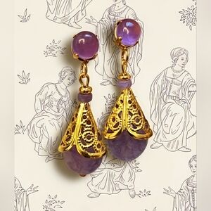 Genuine Lavender Jade Stones In Gold Plated Filigree Earrings